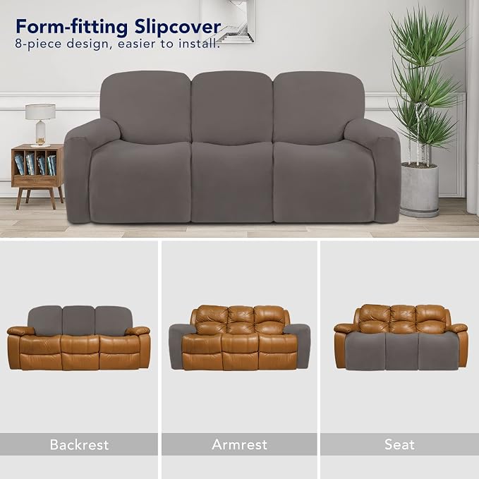 PureFit Super Stretch 3 Seats Recliner Sofa Couch Cover with Pocket | Non Slip Soft Sofa Slipcover, Washable Spandex Reclining Furniture Protector for Kids, Pets (Recliner Sofa, Taupe)