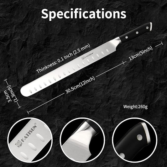 Brisket Knife, 12 Inch Carving & Slicing Knife for Meat Cutting, BBQ, Razor Sharp German Steel, Sheath Included, Ergonomic Handle Design, Grilling Gifts for Men