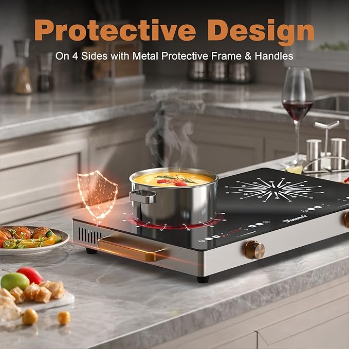2 Burner Electric Cooktop 110V - 24 Inch(22.2"x 13.07") Countertop Electric Stove with Handles 2000W, Two Burner Ceramic Burner with Touch and Knob Control, Timer, Safety Lock, 120V Plug in