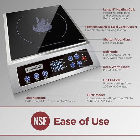 ChangBERT Portable Induction Cooktop Enhanced Version, One-Click Max Power 1800W Large Heating Coil Burner, Precise Temperature Control, NSF Certified Commercial Grade Low Noise Hot Plate