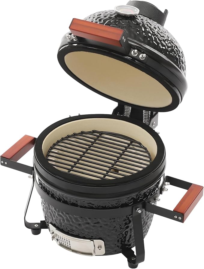 12.6" Portable Ceramic Kamado Charcoal Grill, BBQ Smoker with Thermometer & Bamboo Handles, Freestanding Barbecue Grill for Outdoor Camping, Patio, Backyard & Picnics (Black)