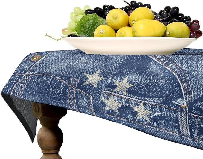 Denim Patchwork Style Tablecloth, Fashionable Blue Denim Jean Pocket Design Water Resistant Wipeable Table Cover for Farmhouse Picnic Party Holiday Kitchen Dinner Table 55"x55"