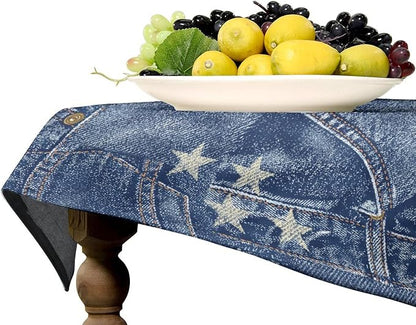 Denim Patchwork Style Tablecloth, Fashionable Blue Denim Jean Pocket Design Water Resistant Wipeable Table Cover for Farmhouse Picnic Party Holiday Kitchen Dinner Table 55"x55"