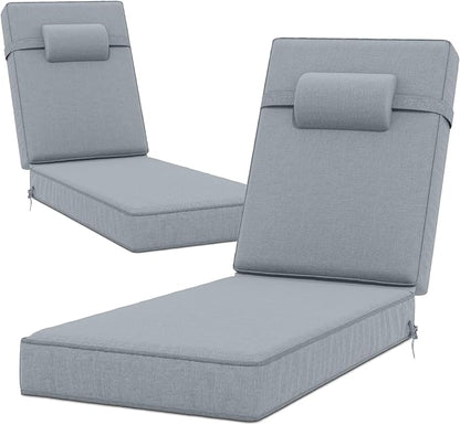 72 x 21 x 4 Inch Olefin Chaise Lounge Cushions, Lounge Chair Cushions with Headrest for Outdoor Furniture - Weather and Fade Resistant Patio Replacement Furniture Lounge Chair Cushion Set of 2