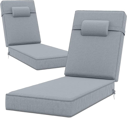 72 x 21 x 4 Inch Olefin Chaise Lounge Cushions, Lounge Chair Cushions with Headrest for Outdoor Furniture - Weather and Fade Resistant Patio Replacement Furniture Lounge Chair Cushion Set of 2