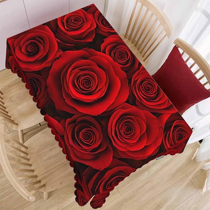 Rose Rectangle Tablecloth 52x70 Inch Bloom Flower Roses Red Dining Table Cloth Table Cover Tablecloth for Home Kitchen Restaurant Party Buffet Picnic, 4-6 Seats
