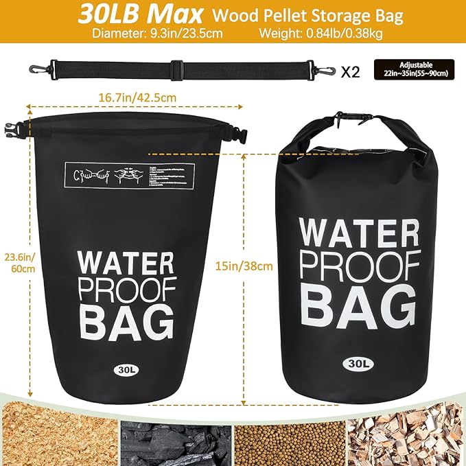 Wood Pellet Storage Containers Waterproof Charcoal Storage Bin-HayahHayah Smoker Pellet Pocket & Buckle Seal & Dual Handles Pellet Containers for Grill Outdoor(30LB) (1-Pcak)