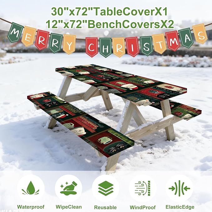 Christmas Picnic Table Cover with Bench Cover, Outdoor Picnic Table Elastic Tablecloth, Holiday Cat and Book Design, Camping, Barbecue and Winter Party Tablecloth