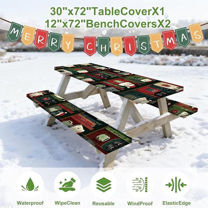 Christmas Picnic Table Cover with Bench Cover, Outdoor Picnic Table Elastic Tablecloth, Holiday Cat and Book Design, Camping, Barbecue and Winter Party Tablecloth
