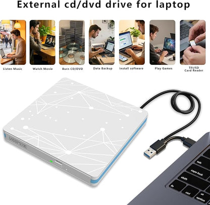 External CD/DVD Drive for Laptop, USB CD Drive, USB C Plug and Play Optical Drive, Portable CD Burner, Compatible Windows 11/10/8/7 XP Linux MacOS, w/Storage Bag & 4 disc Bags