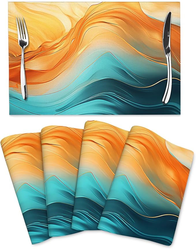 Orange Teal Marble Placemats Set of 4 Kitchen Table Mats for Dining | Washable Non-Slip Heat-Resistant Linen Place Mats Outdoor Holiday Party Home Decor 12"x18"