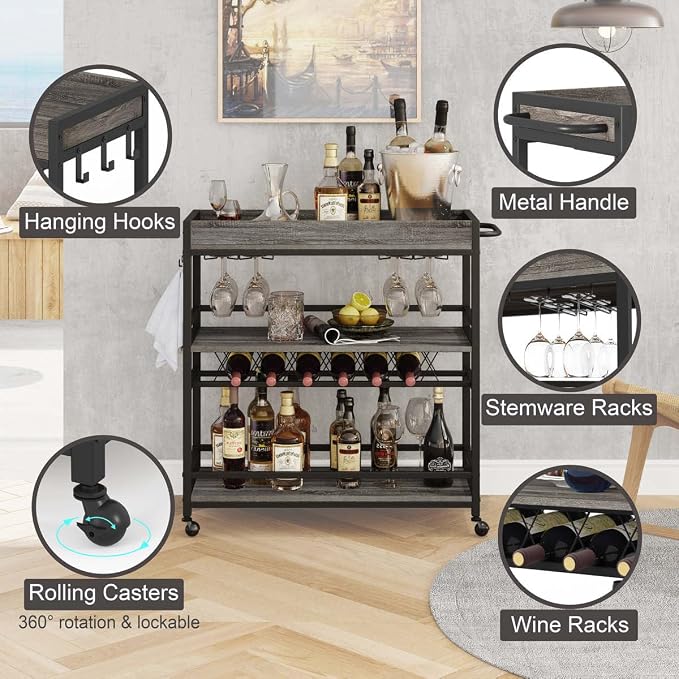 Bar Cart, Home Bar Serving Cart on Wheels, Mobile 3 Tier Liquor Beverage Carts with Wine Rack and Glass Holder (Grey Oak)