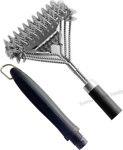 SUNRISE High Grade Stainless Steel BBQ Grill Brush with Scraper, Bristle Free, Extra Strong 3 Rows Brush Head, Bristle Free Design
