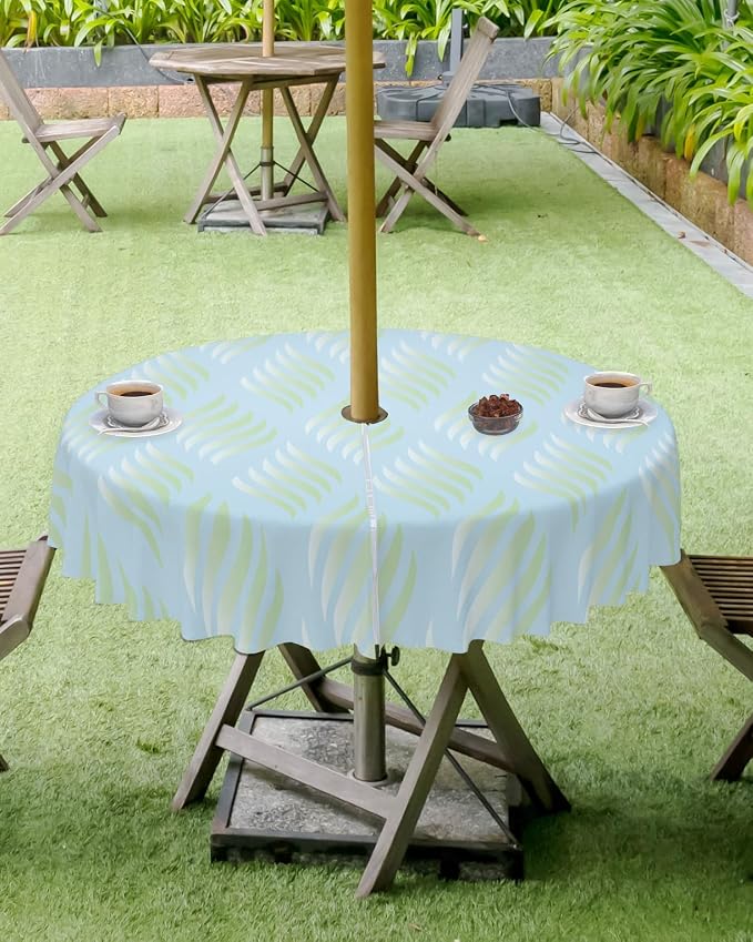 QueenKer Outdoor Tablecloth with Umbrella Hole, Abstract Leaves Lines Geometric Natural Patterns Ombre Green Round Tables Waterproof Tabletop Collection for Patio, Garden, Picnic, Camping, Dining 54R