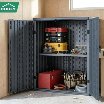EHHLY Heavy Duty Small Storage Cabinet Outdoor Weatherproof, 14 Cuft Garage Storage Cabinet with 2 Adjustable Shelves, Lockable Kitchen Pantry Closer Organizer, 31Wx23Lx34H, Sage Grey