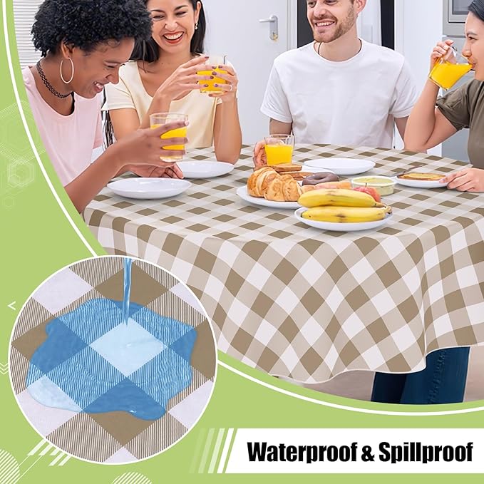 Smiry Picnic Table Cloth, Vinyl Tablecloths with Flannel Backing, 60" Round | Waterproof Picnic Table Cloth, Wipeable Buffalo Plaid Table Cover for Indoor and Outdoor (Khaki & White)