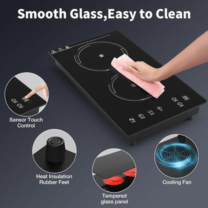 VBGK Electric Cooktop,110V 2100W Electric Stove Top with LED touch Control,9 Power Levels, Kids Lock & 4H Timer,Overheat Protection stove,12 Inch 2 burner cooktop