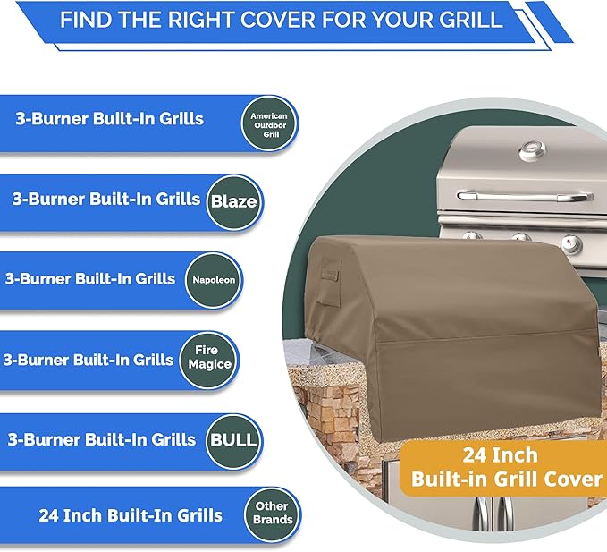 Covers & All Built-in Grill Cover for Outdoor Grill – Heavy Duty 12 oz Waterproof Built-in BBQ Grill Cover, PVC-Coated Polyester with Elastic Hem for Snug Fit (24 x 23.6 x 19.7 inches, Beige)