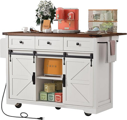 53.7" Farmhouse Kitchen Island with Power Outlet,2 Sliding Barn Door Storage w/Drop Leaf and Spice Rack Rolling Carts on Wheels & Metal Handle,for Home,Dining Room,White