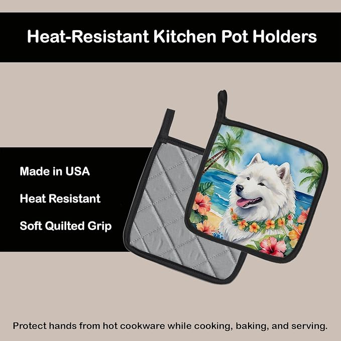 Caroline's Treasures Samoyed Luau Pair of Pot Holders Kitchen Heat Resistant Pot Holders Sets Oven Hot Pads for Cooking Baking BBQ, 7 1/2 x 7 1/2