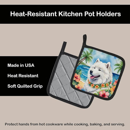 Caroline's Treasures Samoyed Luau Pair of Pot Holders Kitchen Heat Resistant Pot Holders Sets Oven Hot Pads for Cooking Baking BBQ, 7 1/2 x 7 1/2