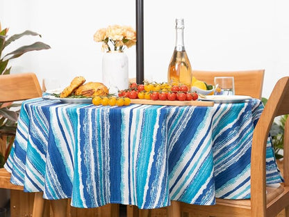 YiHomer Indoor Outdoor Tabletop for Spring Summer Decorations, Picnics and Dinner Parties - Stain and Water Resistant, Crayon Art (Ocean), Zipper Tablecloth, 60" Round with Umbrella Hole