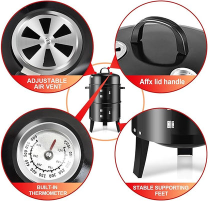 Vertical 19Inch Round Charcoal Smoker Grill,Heavy-Duty BBQ Smoker for Outdoor Smoking Multi-Layer Pellet Ideal for Meats-Offset Charcoal Grill with Hook,Thermometer,Black