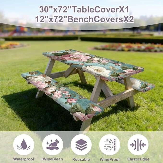 Floral Picnic Tablecloth with Table Cover, Waterproof Elastic Tablecloth for Outdoor Picnic Table, Retro Peony Design, Fits 72in Tables