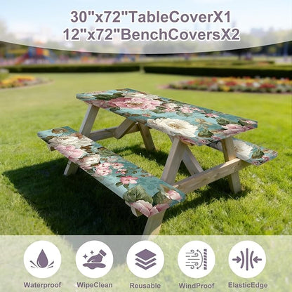 Floral Picnic Tablecloth with Table Cover, Waterproof Elastic Tablecloth for Outdoor Picnic Table, Retro Peony Design, Fits 72in Tables