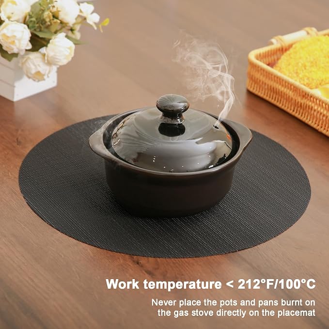 15 Inch Round Placemats Set of 8, Washable Vinyl Woven Place Mats | Heat Resistant Non-Slip Braided Table Mats for Dining Table Kitchen Indoor & Outdoor Use (Black, Set of 8)