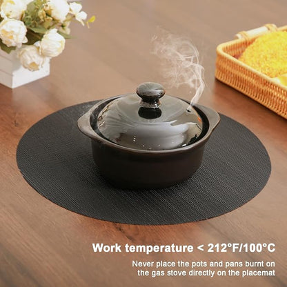 15 Inch Round Placemats Set of 8, Washable Vinyl Woven Place Mats | Heat Resistant Non-Slip Braided Table Mats for Dining Table Kitchen Indoor & Outdoor Use (Black, Set of 8)