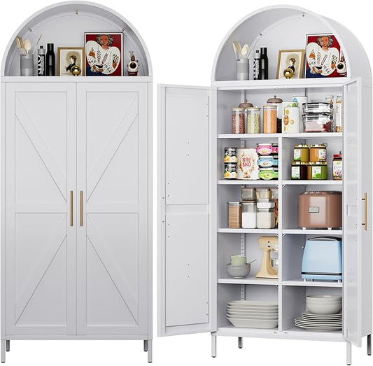 White Metal Arched Pantry Cabinet for Kitchen Storage, Tall 2-Door Cupboard with 6 Adjustable Shelves, Magnetic Closure & Anti-Tip Kit, 15.4" D x 30.7" W x 72.8" H, Assembly Required