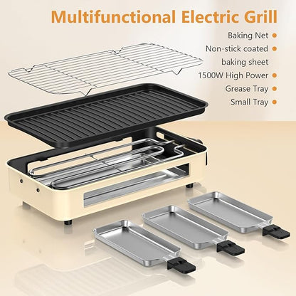 Electric Indoor Grill 1500W -2 in 1 Smokeless Indoor Grill for Kitchen with Non-stick Removable Grill & Griddle Plate,Temperature Control Korean BBQ Grill with 3 Cheese Pans Dishwasher Safe