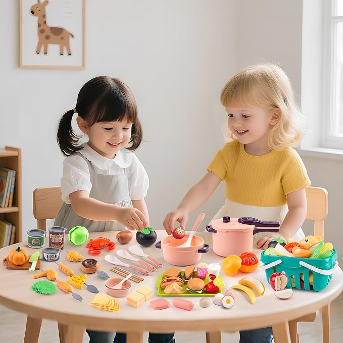 240Pcs Kids Mini Play Kitchen Accessories, Play Pans, Pots, Cookware with Desserts, Cuttable Veggies & BBQ Set & Storage Basket, Prop Money, Learning Gift for Child，Toddlers, Child, Pink
