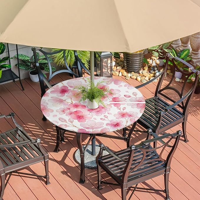 Cherry Blossoming Outdoor Round Fitted Tablecloth with Umbrella Hole and Zipper, 36"-44" Elastic Patio Table Cloth Oil-Proof Waterproof Patio Table Cover for Picnic Party Camping