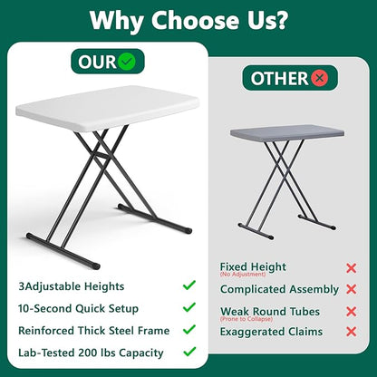 Folding Table 30 Inch - Small Desk Adjustable Height TV Tray for Laptop, Couch, Camping - Heavy Duty Utility Foldable Table for Small Spaces, No Assembly Required, White Granite