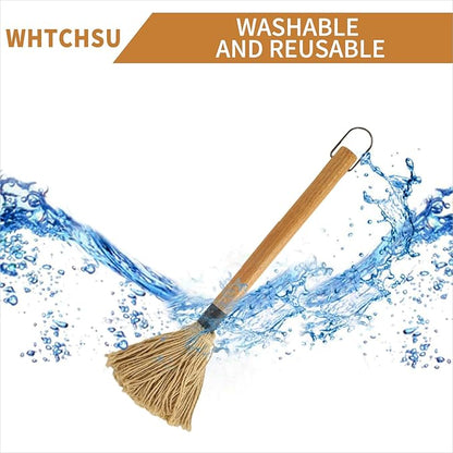 15.5 Inch BBQ Mop Brushes for Sauce, Grill Basting Mop Wooden Long Handle BBQ Mop with 1 Extra Replacement Heads for BBQ Grilling Smoking Steak