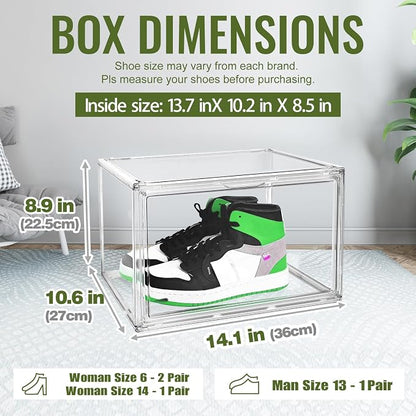 Clear Acrylic Shoe Box Size 14, Stackable Everyday Footwear Storage | Fits size 14 sneakers,casual shoes and athletic footwear. Clear acrylic design with magnetic door & dustproof storage.1 Pack