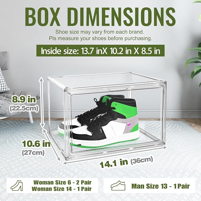 10 Pack Acrylic Shoe Boxes,Stackable Organizer for Everyday Footwear | Fits size 14 sneakers, casual shoes and athletic footwear. Clear acrylic design with magnetic door & dustproof storage.1 Pack