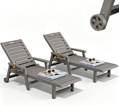 Outdoor Chaise Lounge Chair Set of 2, HDPE All-Weather Pool Lounge Chair with 5-Position Adjustable Backrest, Rolling Wheels & Cup Hoplder for Pool, Beach, Garden (Grey)