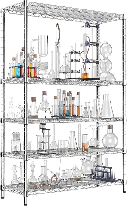 IZEUK 4250 LBS Garage Shelving Wide Storage Shelves 5 Tier Metal Shelves Heavy Duty Adjustable Utility Shelf Rack Chrome 17.7" D x 59.1" W x 70.4" H