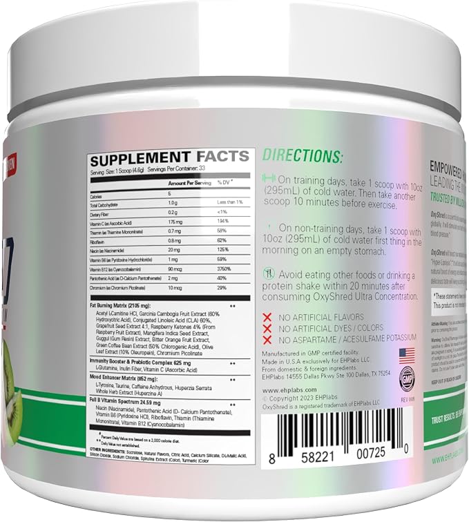 EHP Labs OxyShred Pre Workout Powder - Kiwi Strawberry, 33 Servings | Supports Energy, Focus and Endurance with Acetyl L Carnitine and L Glutamine, Thermogenic Formula, Sugar Free, Zero Jitters