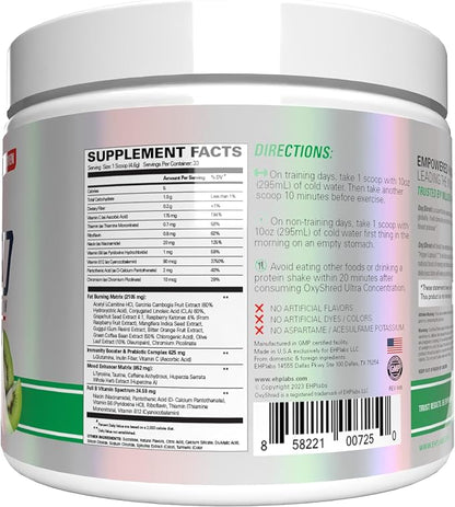 EHP Labs OxyShred Pre Workout Powder - Kiwi Strawberry, 33 Servings | Supports Energy, Focus and Endurance with Acetyl L Carnitine and L Glutamine, Thermogenic Formula, Sugar Free, Zero Jitters