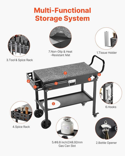 VEVOR Outdoor Grill Cart, 31.0 x 17.0 inch Tabletop Size Grilling Table, Foldable Outdoor Cooking Table with Tissue Holder, Wheels, Magnetic Tool Rack, BBQ Prep Tables for Picnic, Kitchen, Courtyard