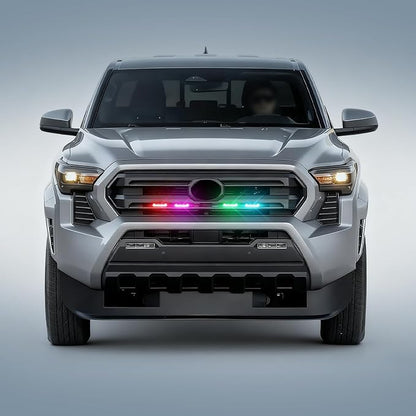 LED Grill Lights - 4PCS Front Grill Lights for Toyota Tacoma SR SR5 2024 2025 2026 with Fuse Adapter & Harness (RGB Light with Smoked Shell)