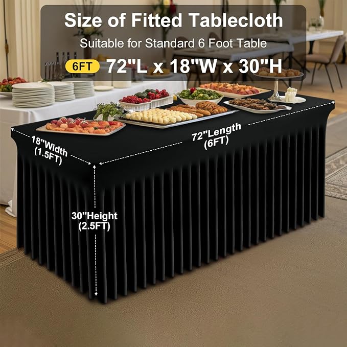 Smiry Spandex Elastic Fitted Table Cloth Skirt for 6FT Rectangle Table | Stretch Washable Table Cloth, Banquet Table Cover for Wedding, Party, Indoor & Trade Shows, (Black, 72Lx18Wx30H)