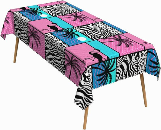 52x70 Inch Tropical Flamingo Rectangle Tablecloth Vintage 80s Summer Palm Tree Leopard Zebra Table Cloth Washable Durable Table Cover for Kitchen Dining Beach Hawaiian Luau Party Decor
