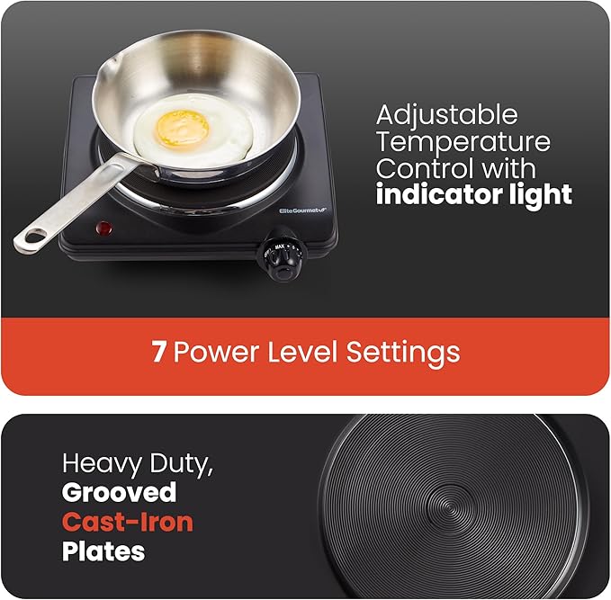 Elite Gourmet Countertop Electric Burner, 1000W Cast Iron Hot Plate, 7 Heat Settings, Portable Cooktop for RV, Dorm, Office & Small Kitchens, Road-Ready & Compact (Pack of 4)