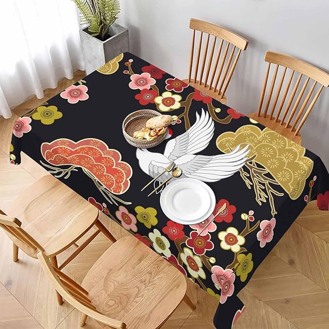TKS MITLAN Japanese Crane Tablecloth 60x84 Inch Rectangular Asian Oriental Heron Bird Floral Branch Clouds Oblong Table Cloth Kitchen Table Decorations for Home Dinner Party