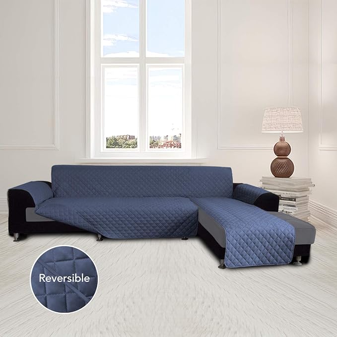 Easy-Going Reversible L-Shape Sectional Couch Cover, Large, Dark Blue | Soft Sofa Slipcover For Dogs, Fits Left/Right Chaise Lounge Protector, Water Resistant Mat For Living Room